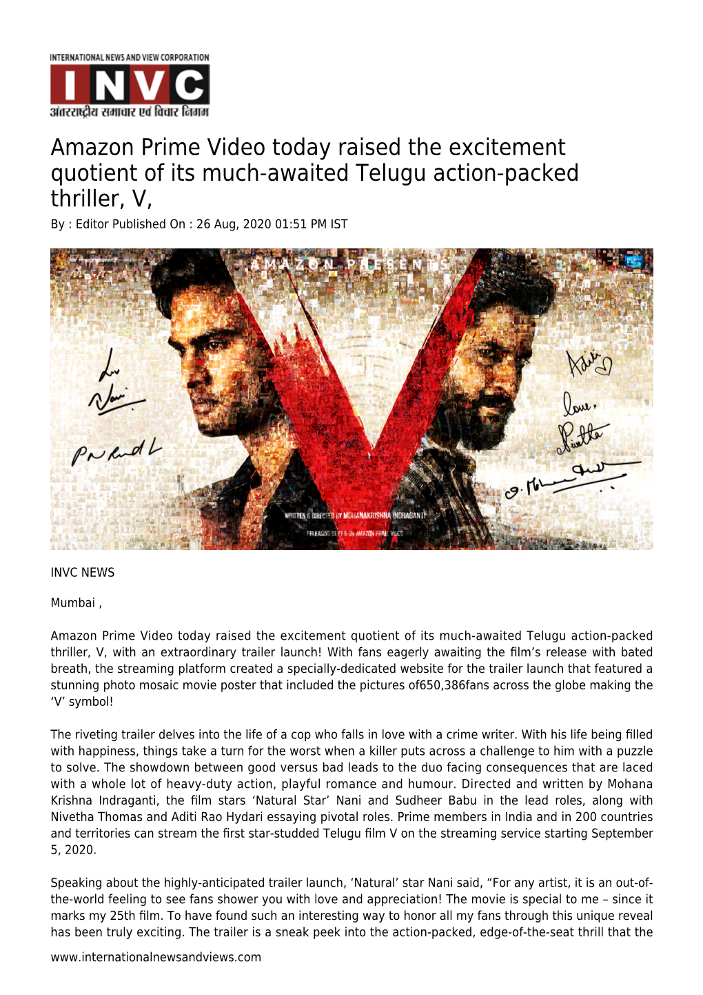 Amazon Prime Video Today Raised the Excitement Quotient of Its Much-Awaited Telugu Action-Packed Thriller, V, by : Editor Published on : 26 Aug, 2020 01:51 PM IST