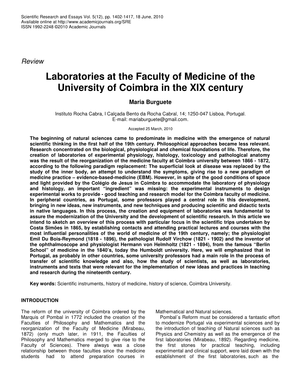 Laboratories at the Faculty of Medicine of the University of Coimbra in the XIX Century