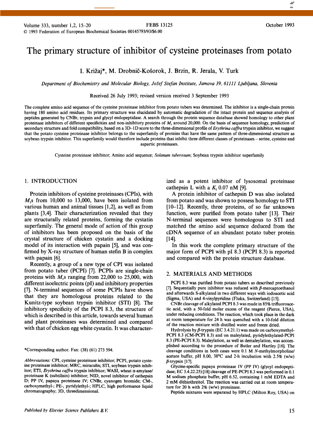 The Primary Structure of Inhibitor of Cysteine Proteinases from Potato