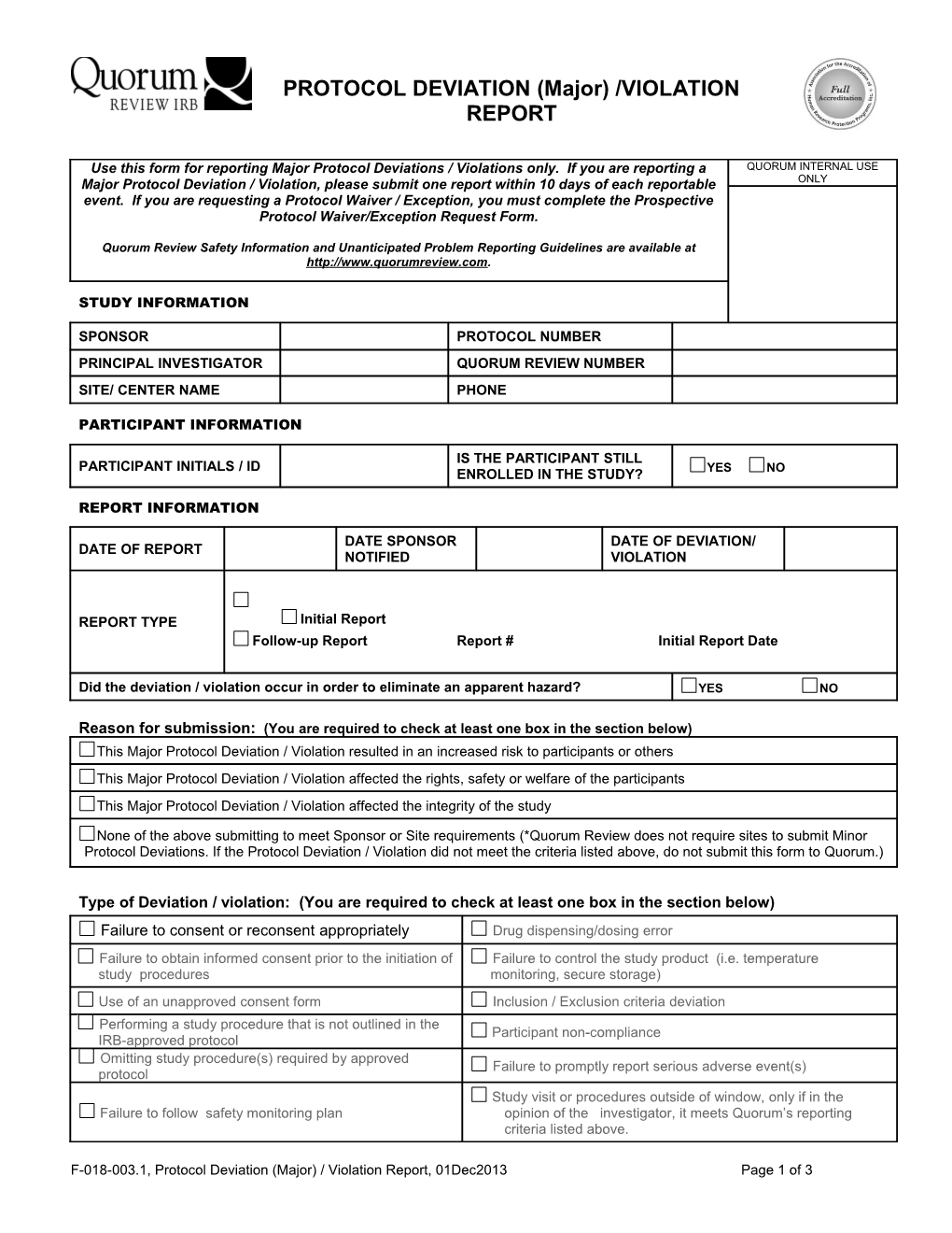 Use This Form for Reporting Major Protocol Deviations / Violations and for Requests For
