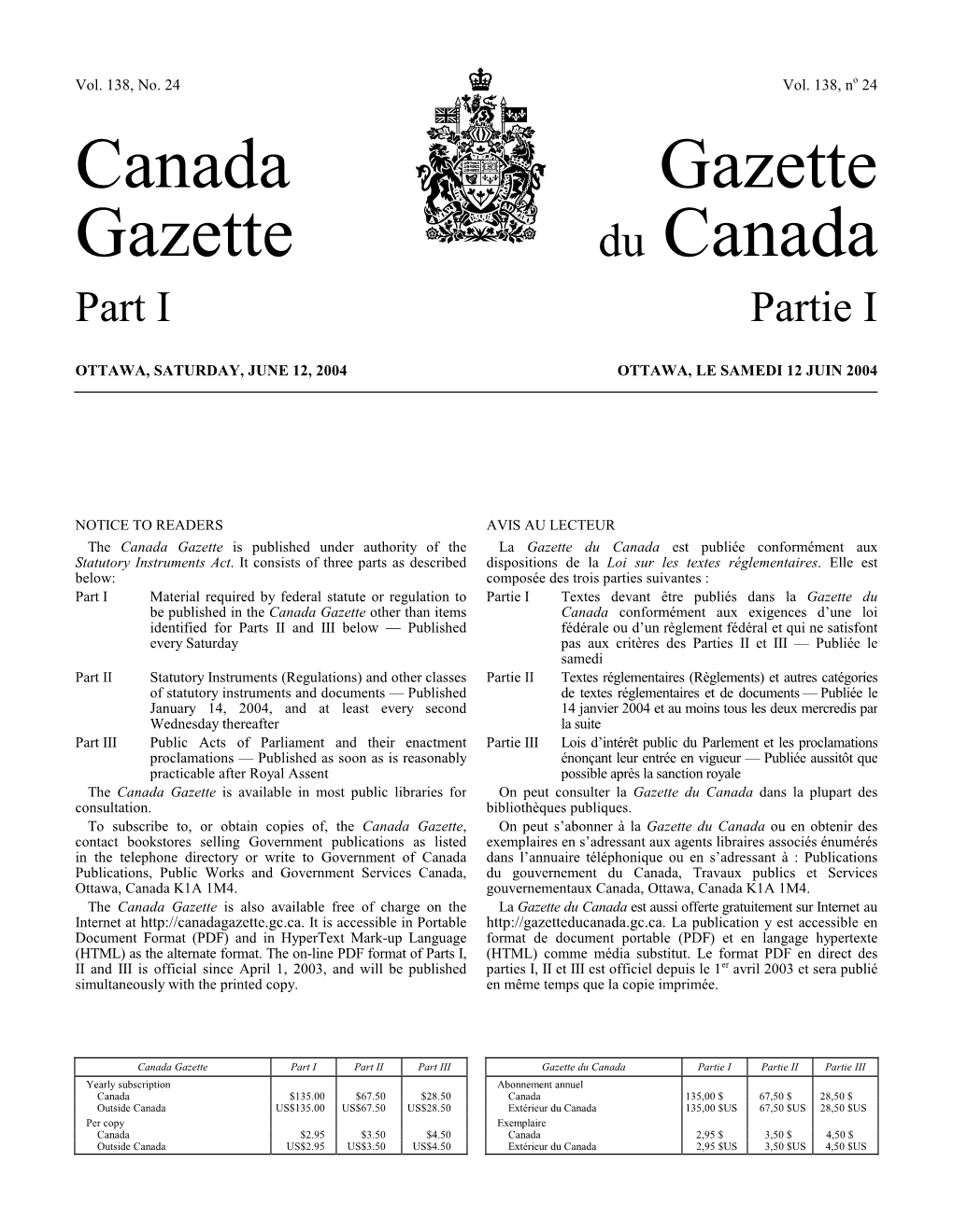Canada Gazette, Part I, January 31, 1998 1 Supplément, Gazette Du Canada, Partie I, 31 Janvier 1998