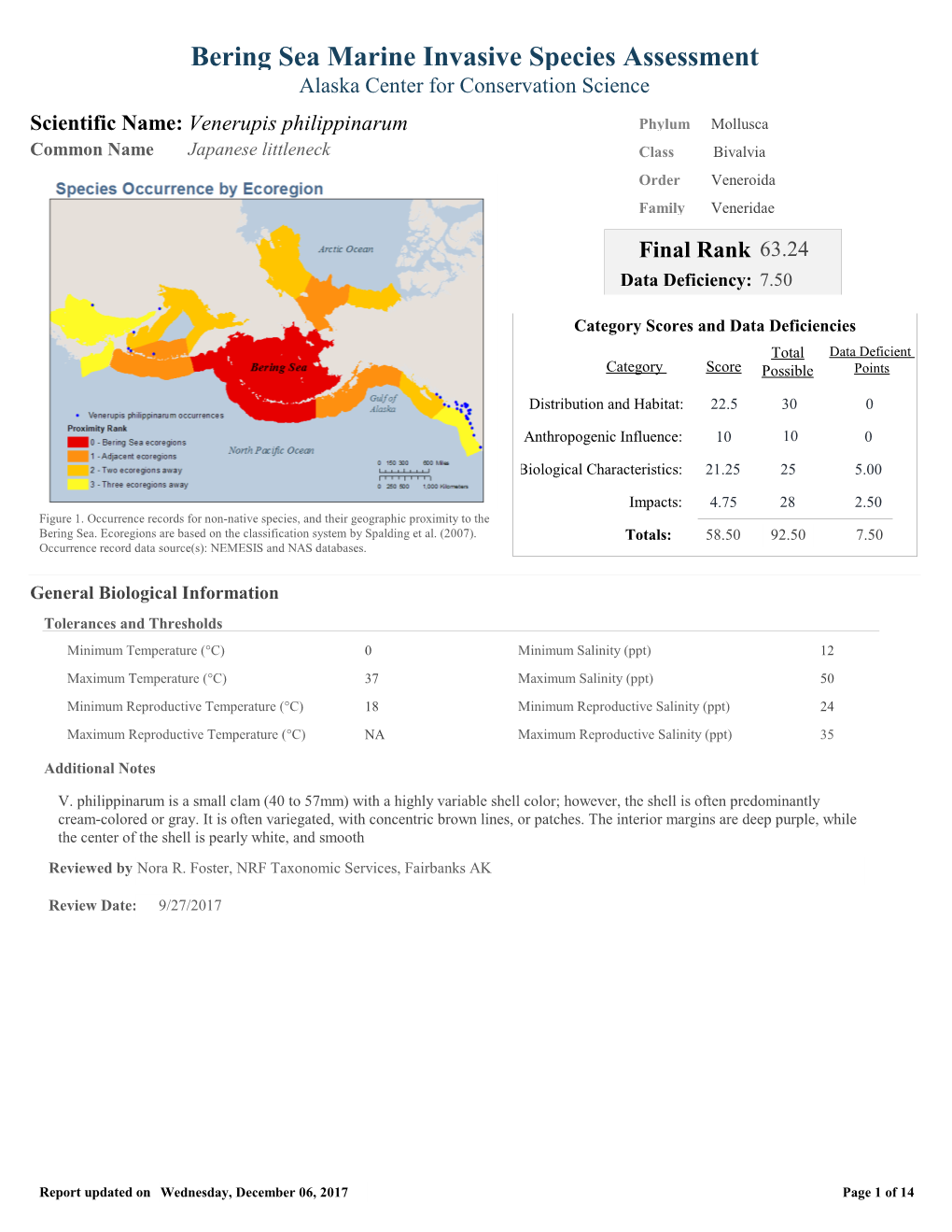 Bering Sea Marine Invasive Species Assessment Alaska Center for Conservation Science