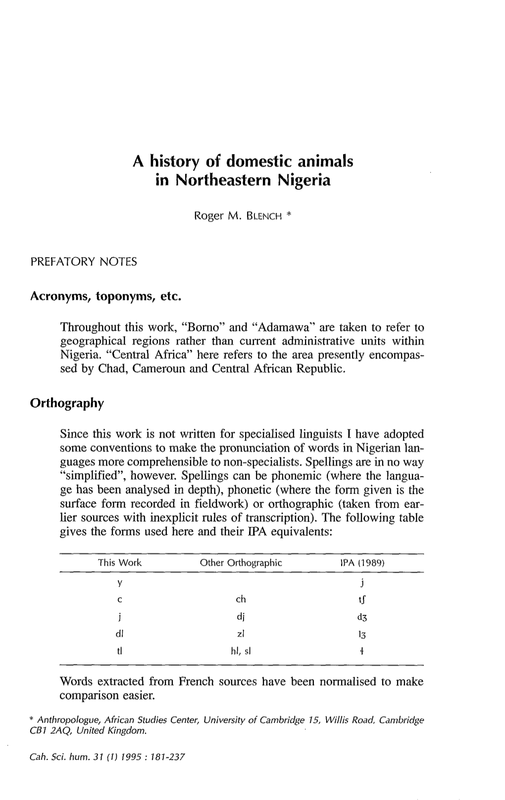 A History of Domestic Animals in Northeastern Nigeria