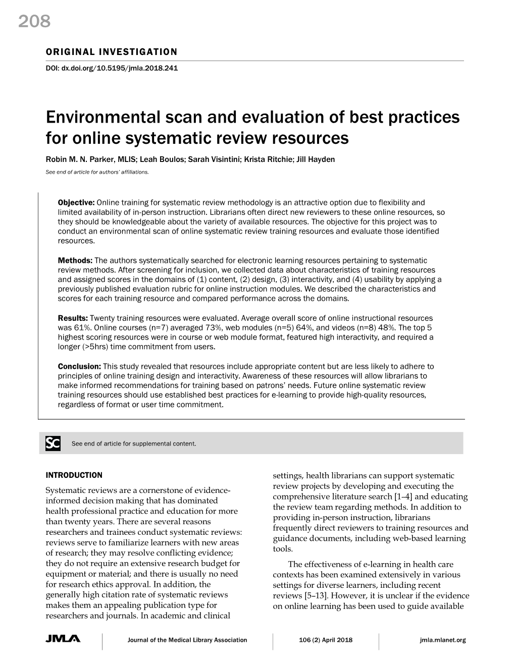 208 Environmental Scan and Evaluation of Best Practices For