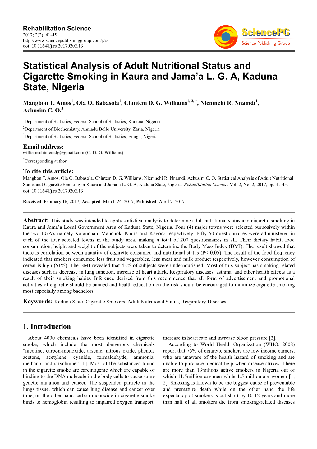 Statistical Analysis of Adult Nutritional Status and Cigarette Smoking in Kaura and Jama’A L