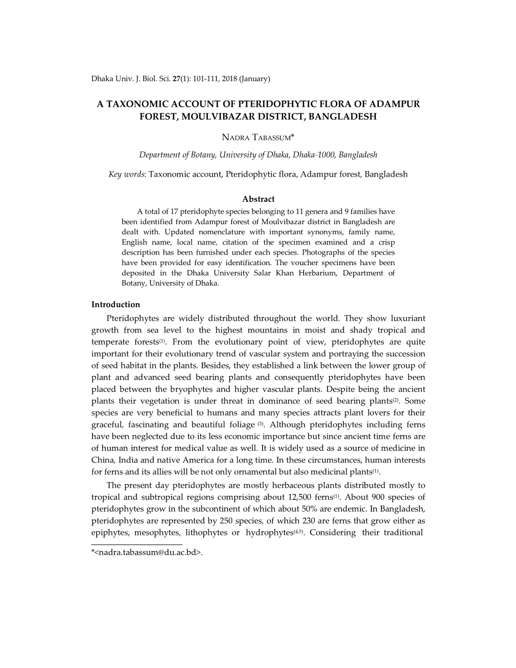 A Taxonomic Account of Pteridophytic Flora of Adampur Forest, Moulvibazar District, Bangladesh