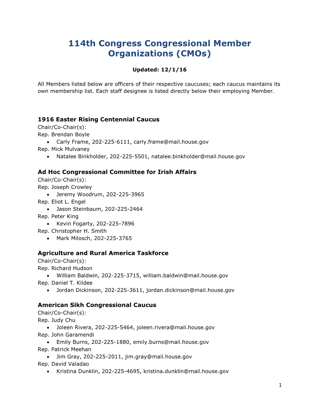 114Th Congress Congressional Member Organizations (Cmos)