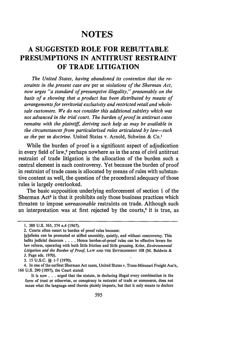 A Suggested Role for Rebuttable Presumptions in Antitrust Restraint of Trade Litigation