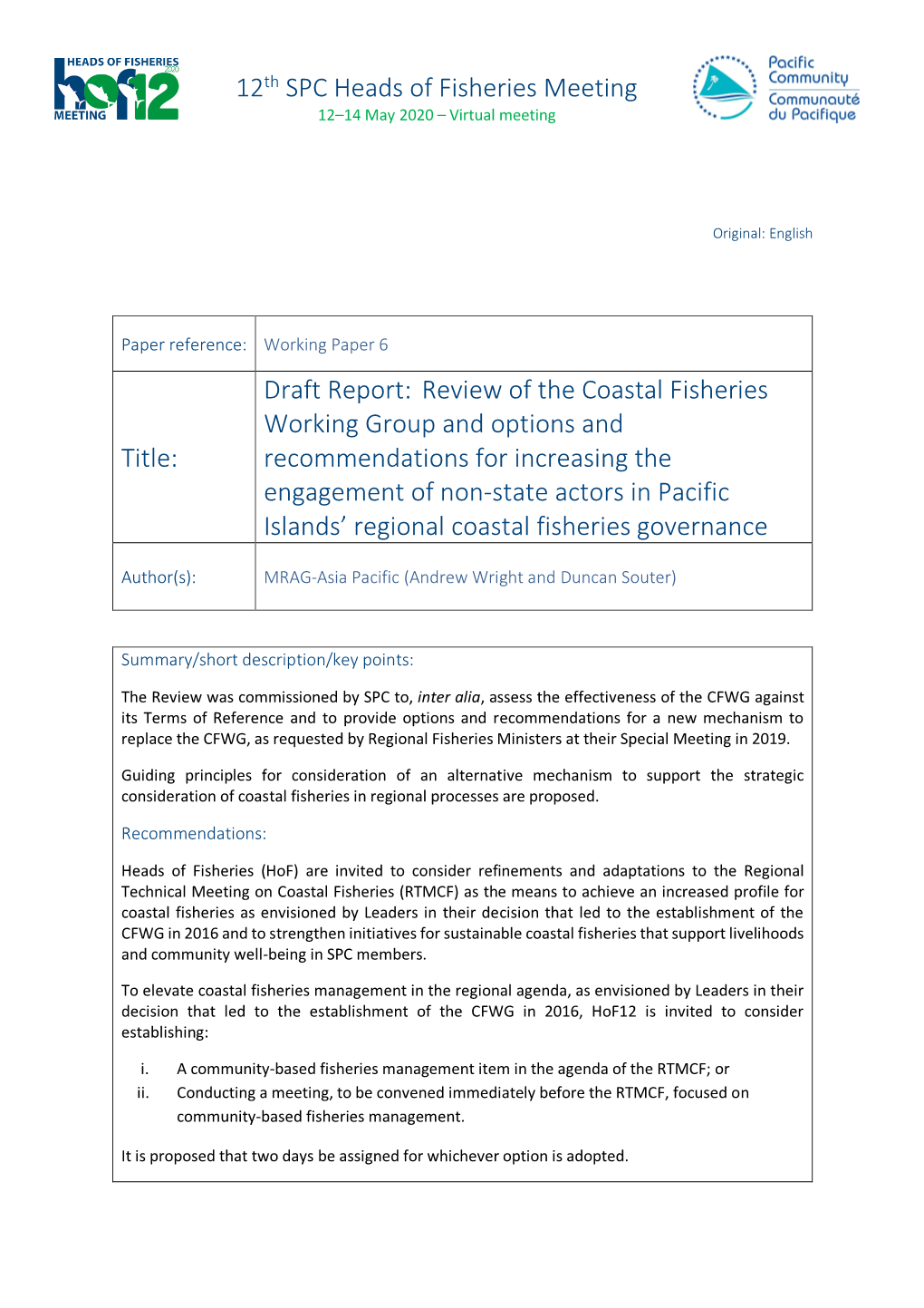 Draft Report: Review of the Coastal Fisheries Working Group And