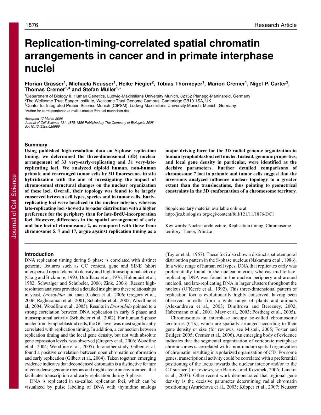 Replication-Timing-Correlated Spatial Chromatin Arrangements in Cancer and in Primate Interphase Nuclei