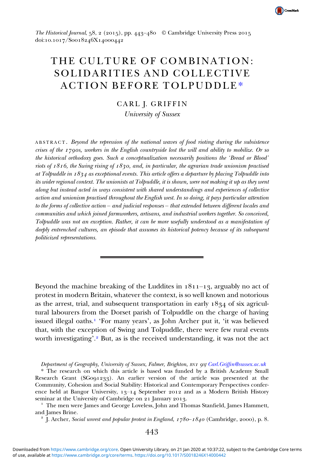 The Culture of Combination: Solidarities and Collective Action Before Tolpuddle*