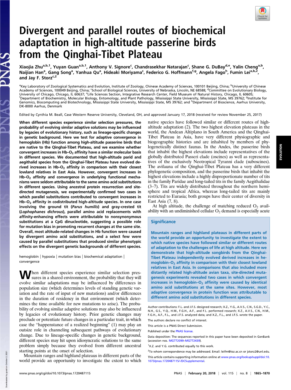 Divergent and Parallel Routes of Biochemical Adaptation in High-Altitude Passerine Birds from the Qinghai-Tibet Plateau