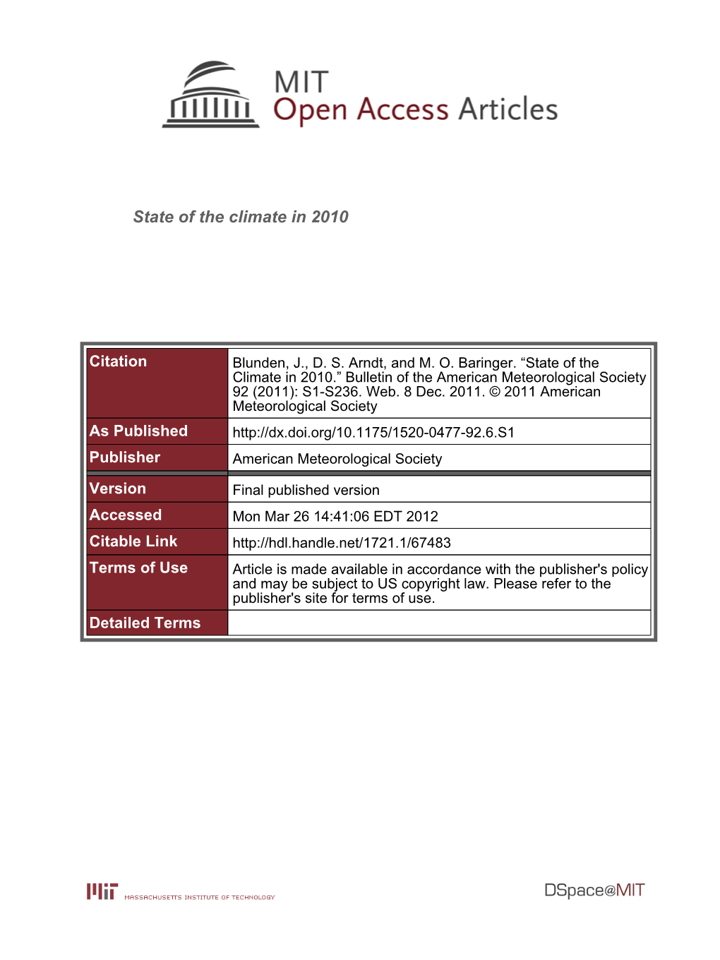 State of the Climate in 2010