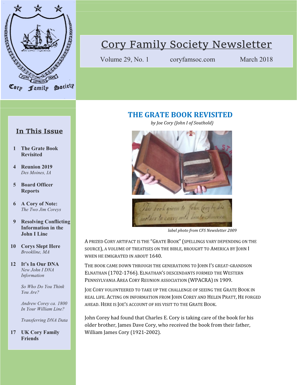 Cory Family Society Newsletter Volume 29, No