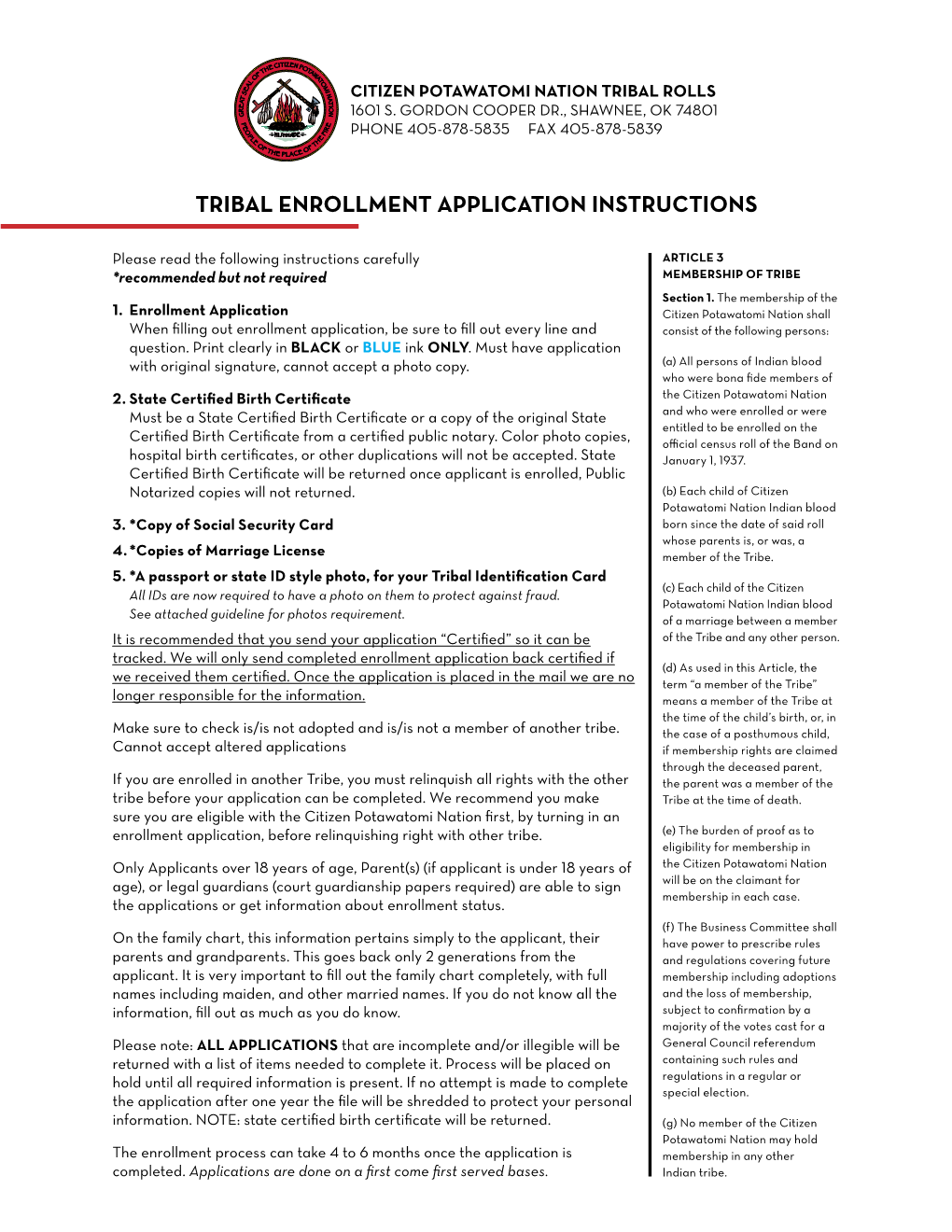 Tribal Rolls Enrollment Application