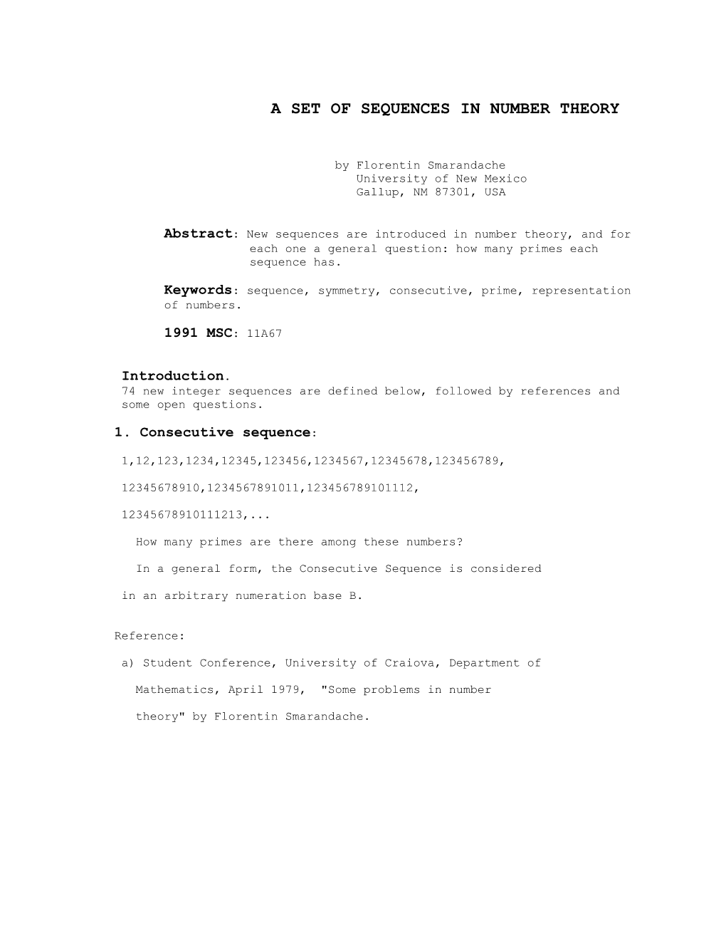 A Set of Sequences in Number Theory