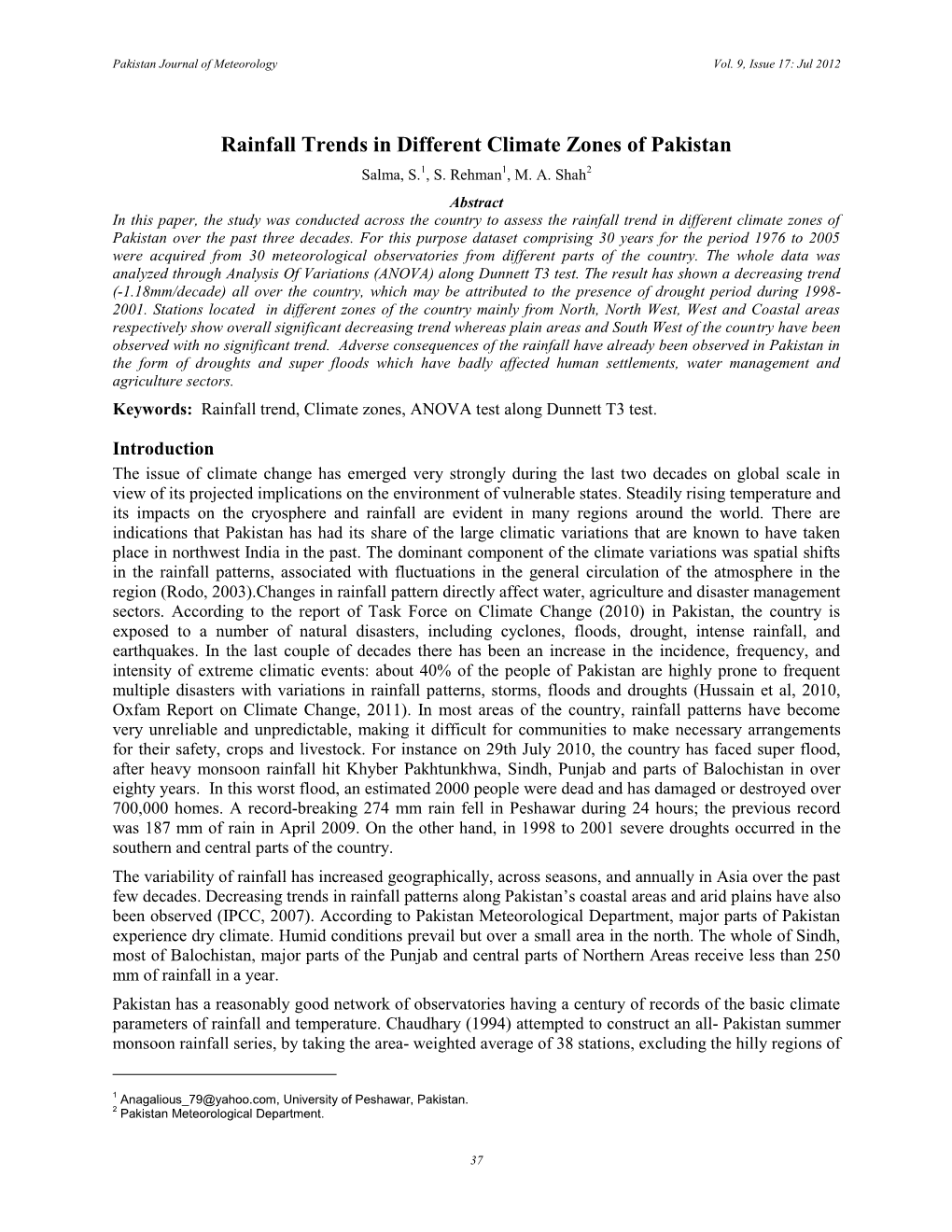 Rainfall Trends in Different Climate Zones of Pakistan Salma, S.1, S