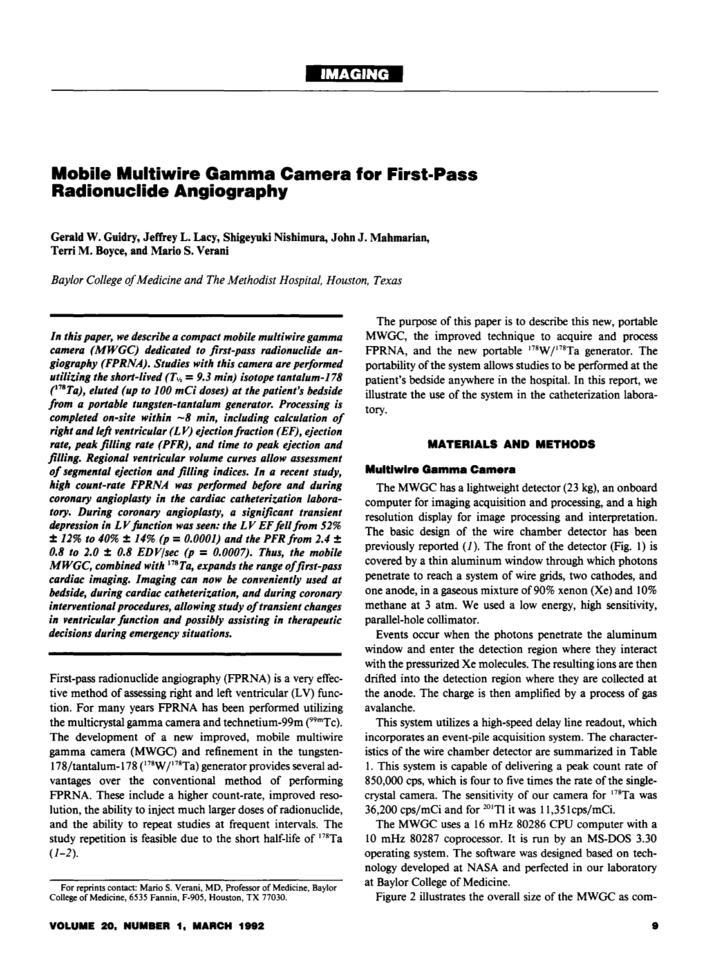 Mobile Multiwire Gamma Camera for First-Pass Radionuclide Angiography