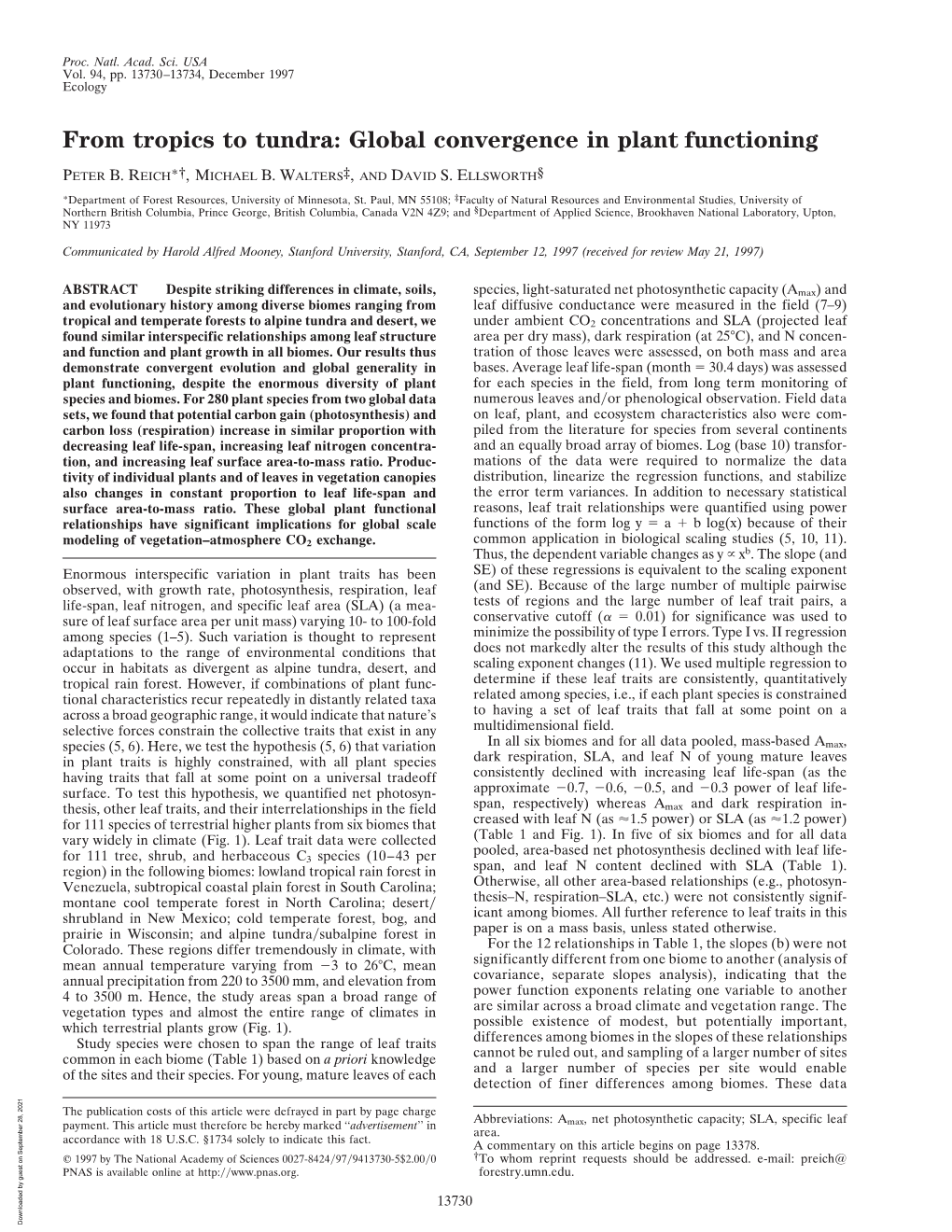 From Tropics to Tundra: Global Convergence in Plant Functioning