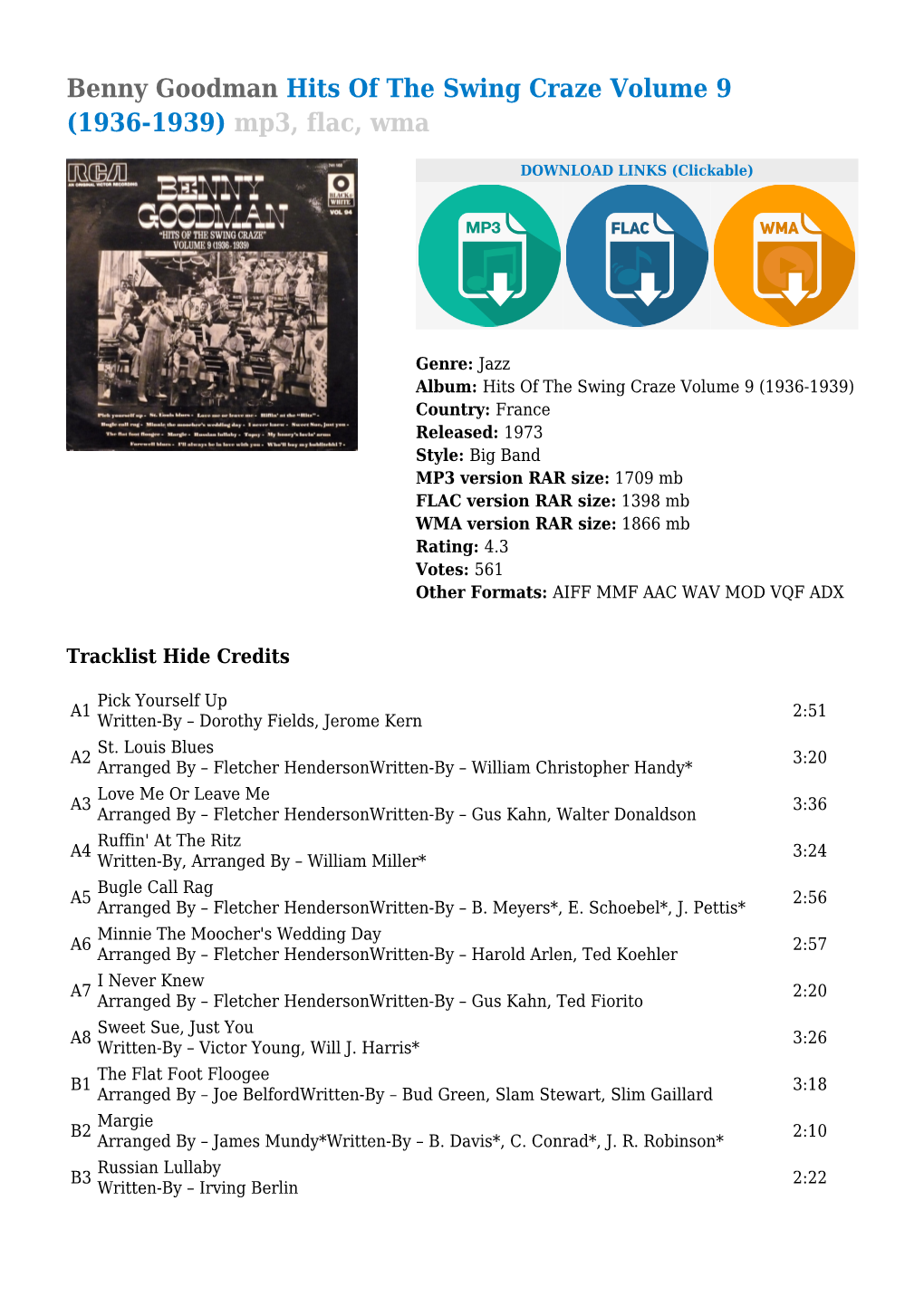 Benny Goodman Hits of the Swing Craze Volume 9 (1936-1939) Mp3, Flac, Wma