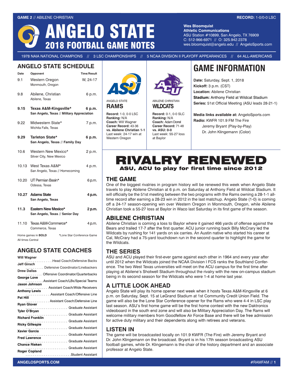 ANGELO STATE DEPTH CHART Vs. Abilene Christian Wildcats