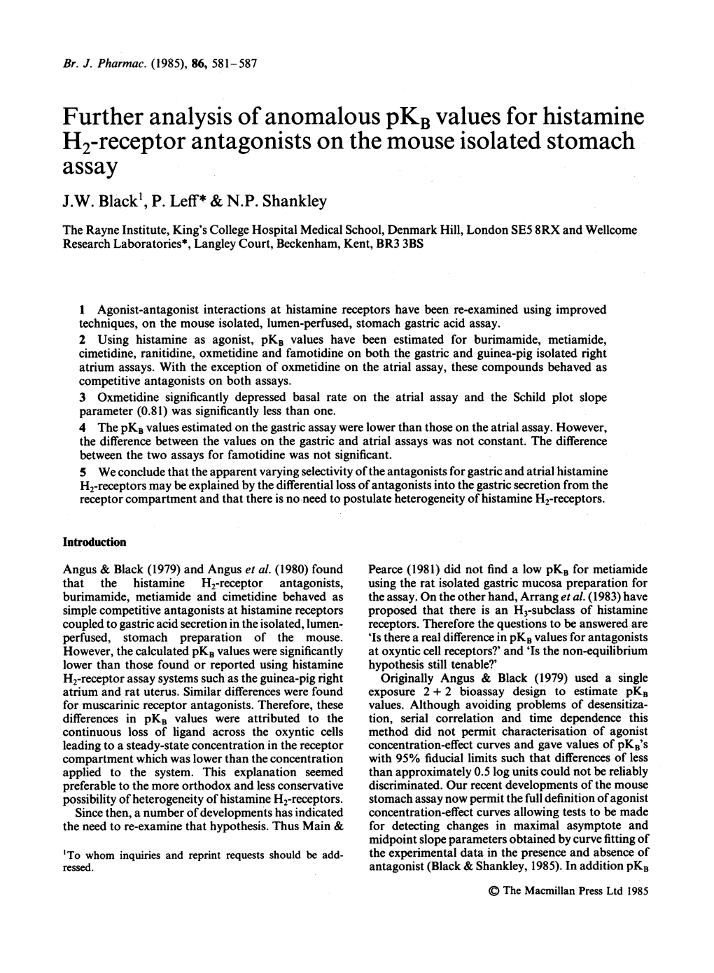 Further Analysis of Anomalous Pkbvalues for Histamine