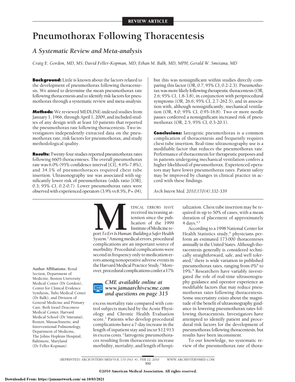 Pneumothorax Following Thoracentesis a Systematic Review and Meta-Analysis