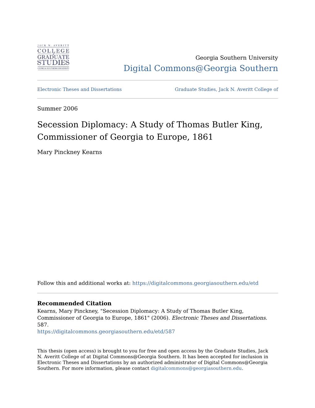 A Study of Thomas Butler King, Commissioner of Georgia to Europe, 1861