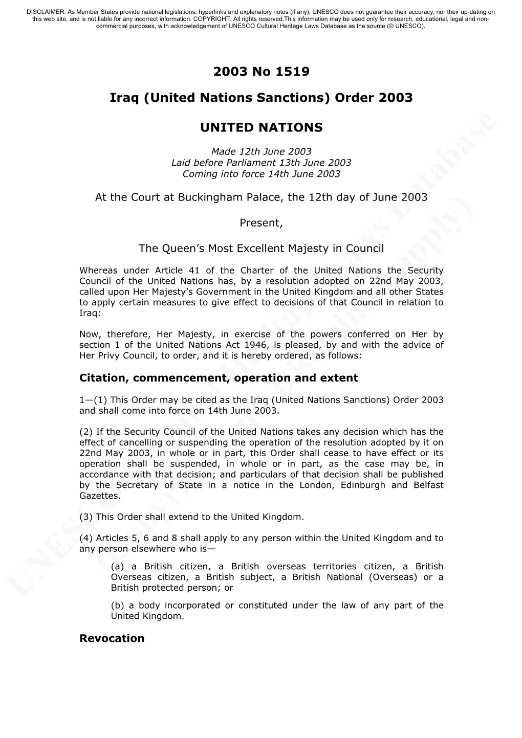 Iraq (United Nations Sanctions) Order 2003