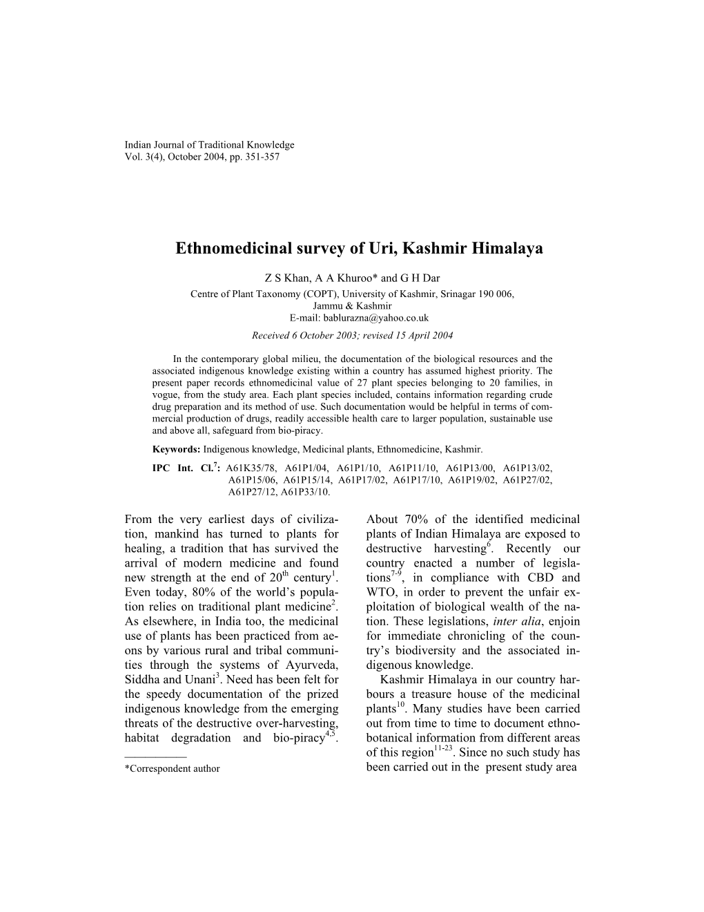 Ethnomedicinal Survey of Uri, Kashmir Himalaya