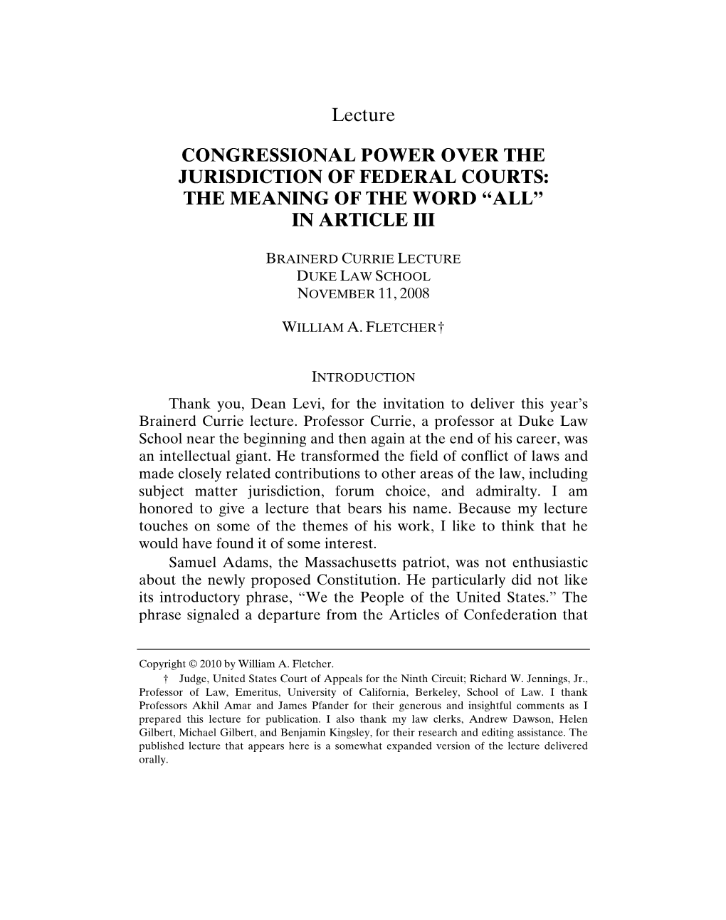 Congressional Power Over the Jurisdiction of Federal Courts: the Meaning of the Word “All” in Article Iii