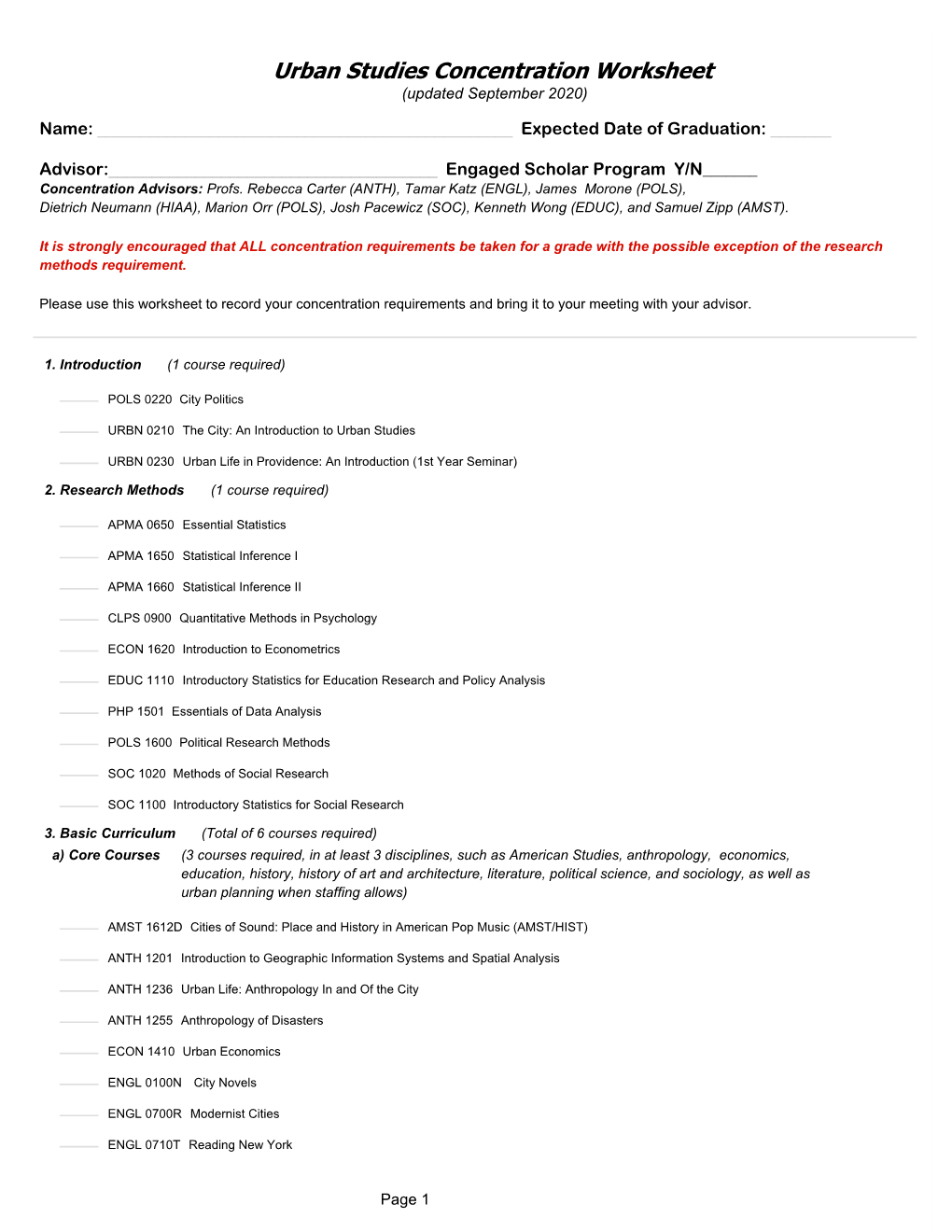 Current Urban Studies Concentration Worksheet