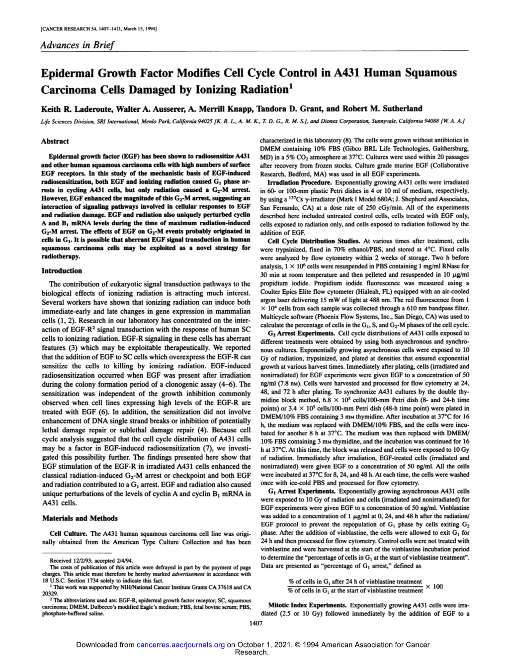 Epidermal Growth Factor Modifies Cell Cycle Control in A431 Human Squamous Carcinoma Cells Damaged by Ionizing Radiation1