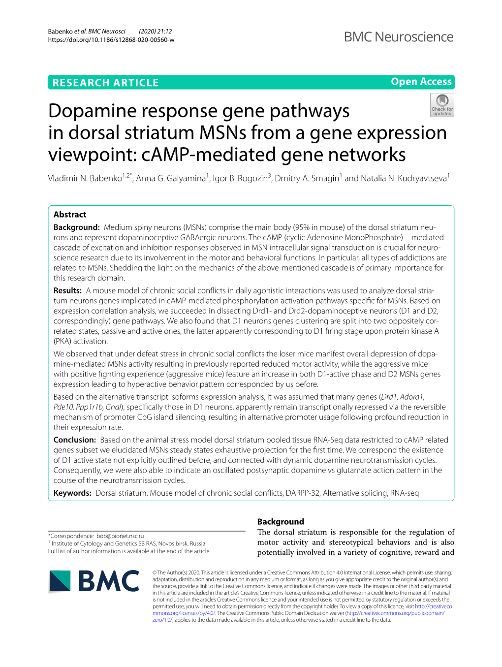 Dopamine Response Gene Pathways in Dorsal Striatum Msns from a Gene Expression Viewpoint: Camp‑Mediated Gene Networks Vladimir N