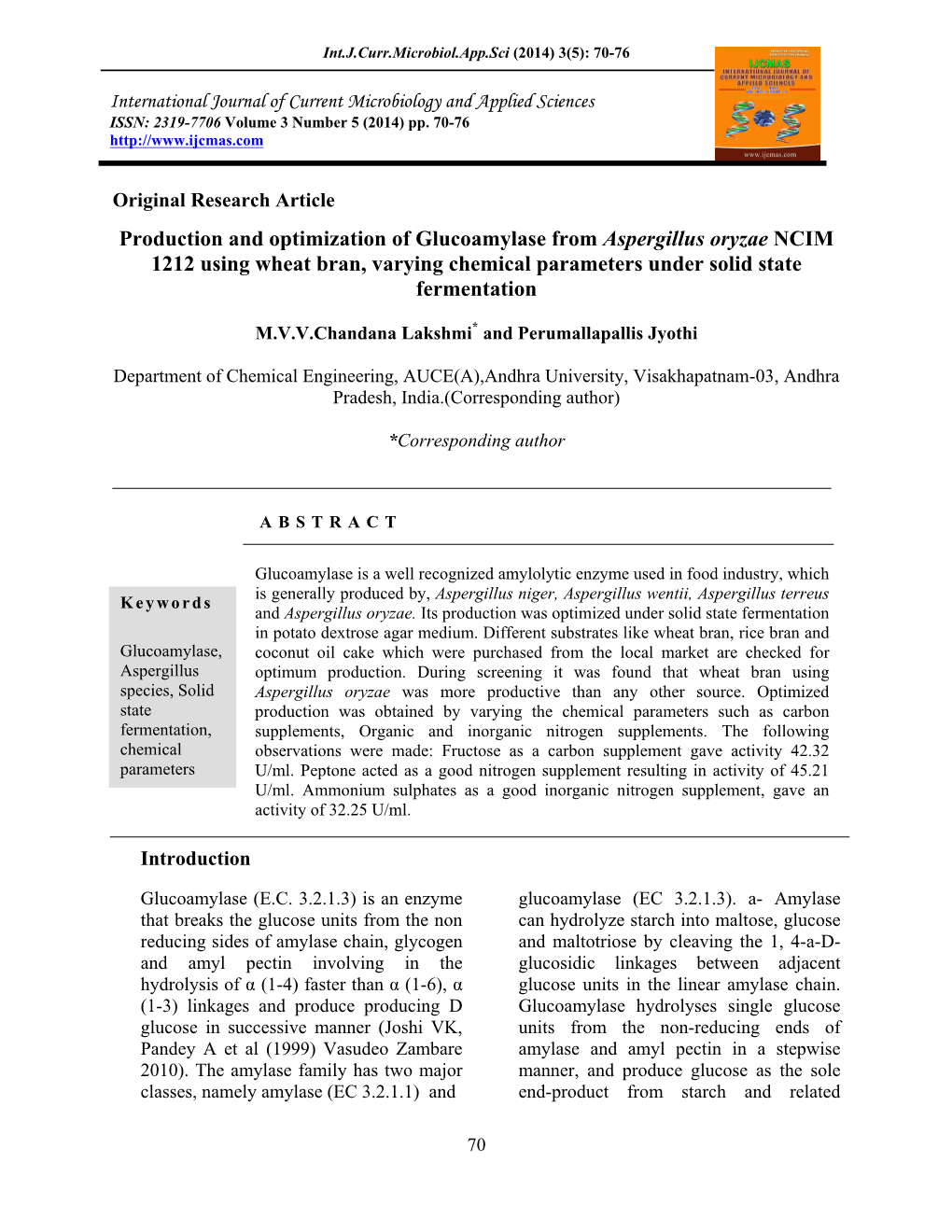 Production and Optimization of Glucoamylase from Aspergillus Oryzae NCIM 1212 Using Wheat Bran, Varying Chemical Parameters Under Solid State Fermentation