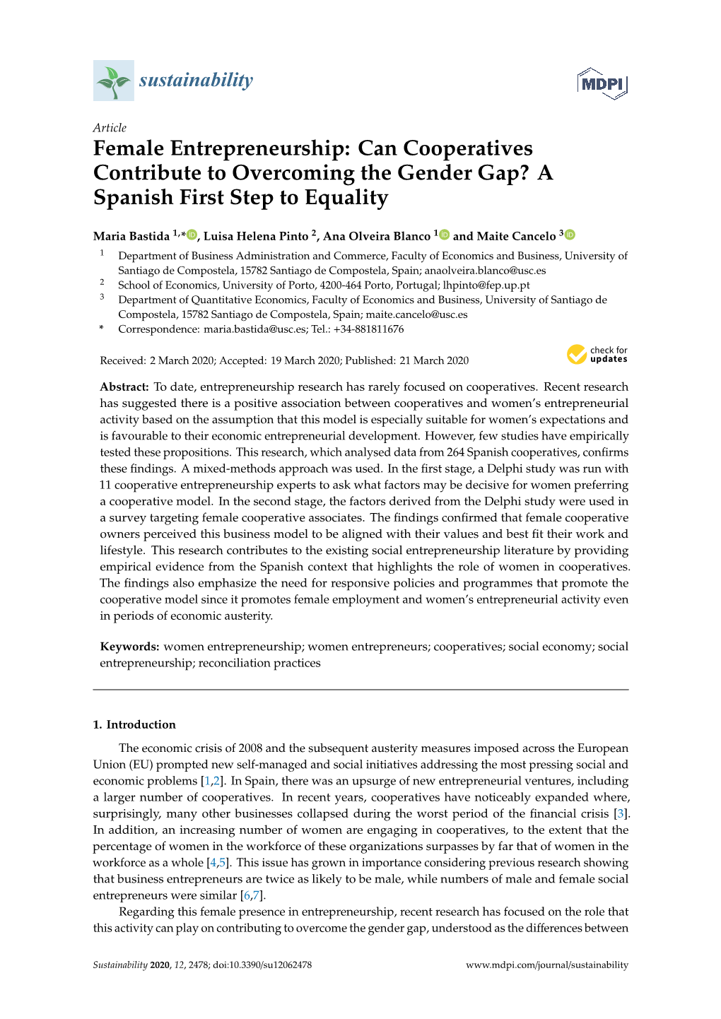 Female Entrepreneurship: Can Cooperatives Contribute to Overcoming the Gender Gap? a Spanish First Step to Equality