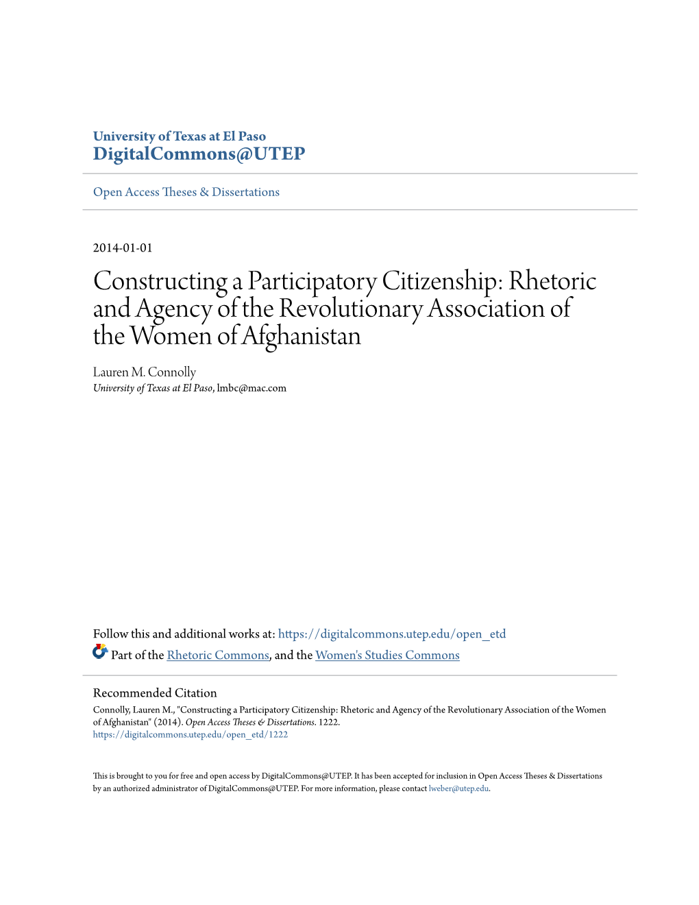 Rhetoric and Agency of the Revolutionary Association of the Women of Afghanistan Lauren M