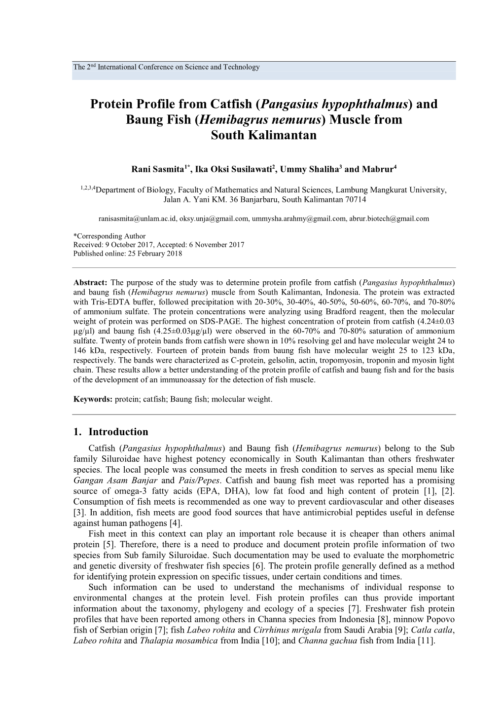 (Pangasius Hypophthalmus) and Baung Fish (Hemibagrus Nemurus) Muscle from South Kalimantan