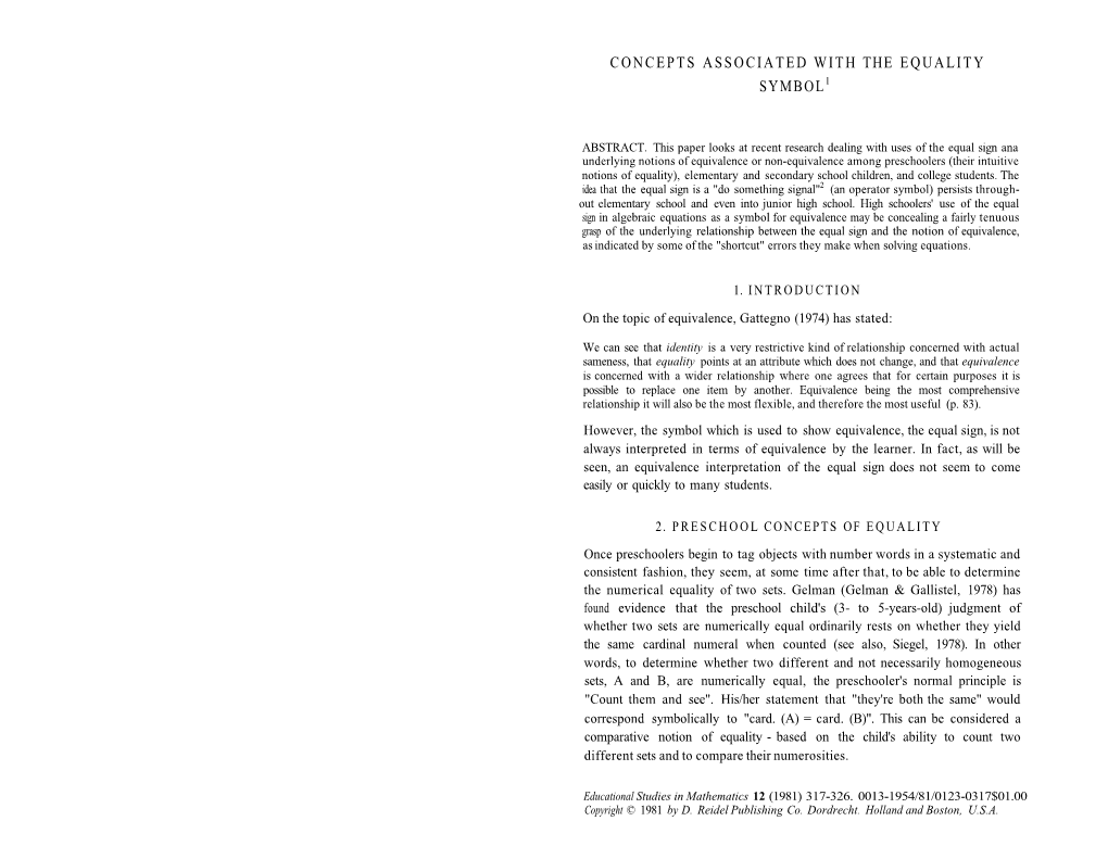 Concepts Associated with the Equality Symbol1