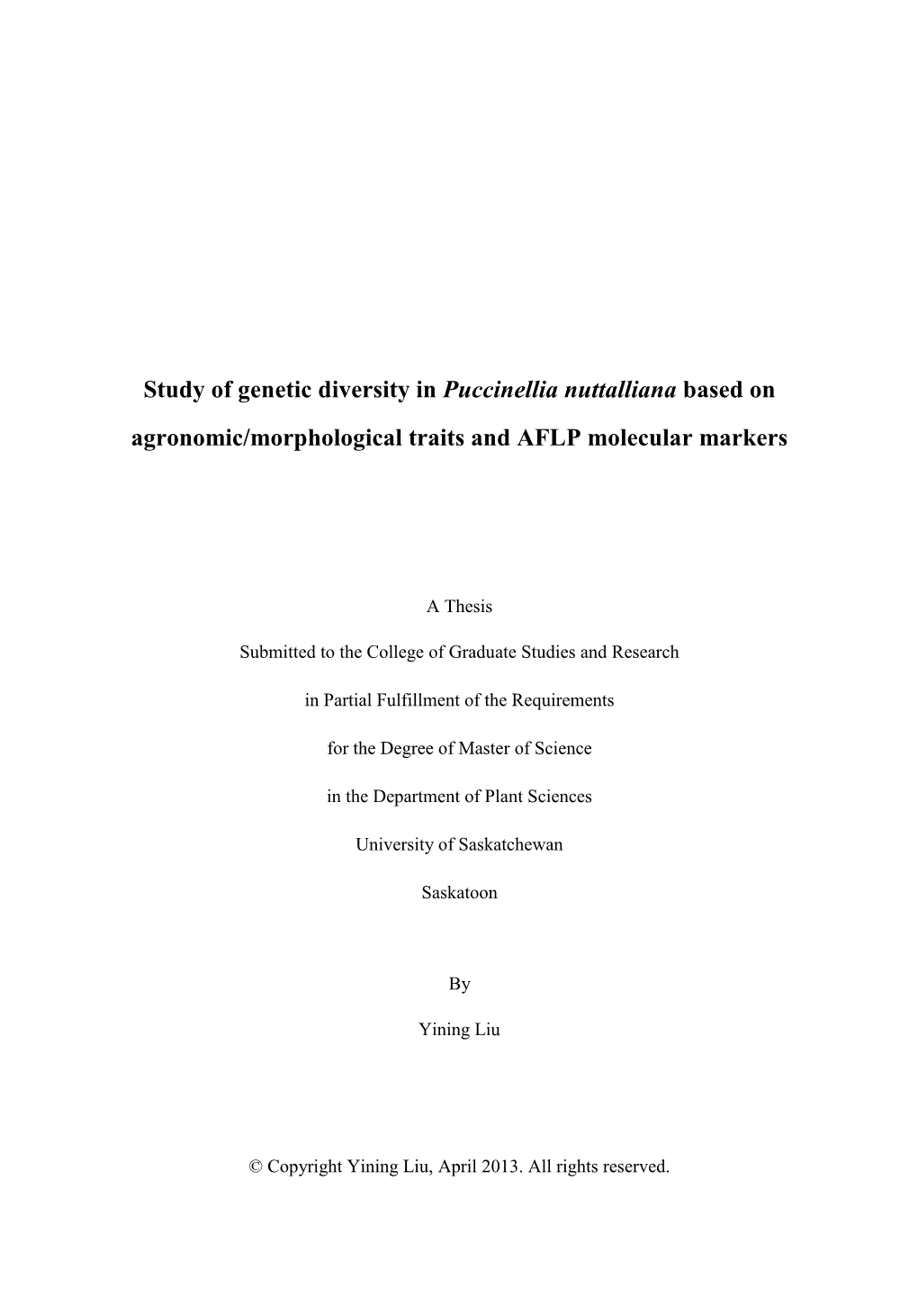 Study of Genetic Diversity in Puccinellia Nuttalliana Based on Agronomic/Morphological Traits and AFLP Molecular Markers