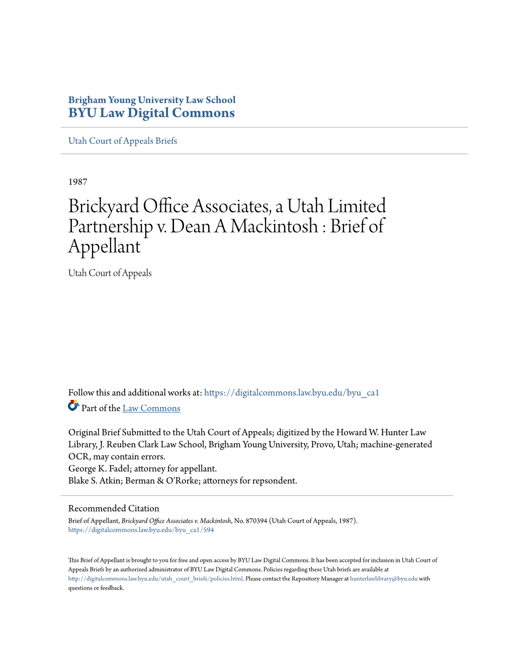 Brickyard Office Associates, a Utah Limited Partnership V