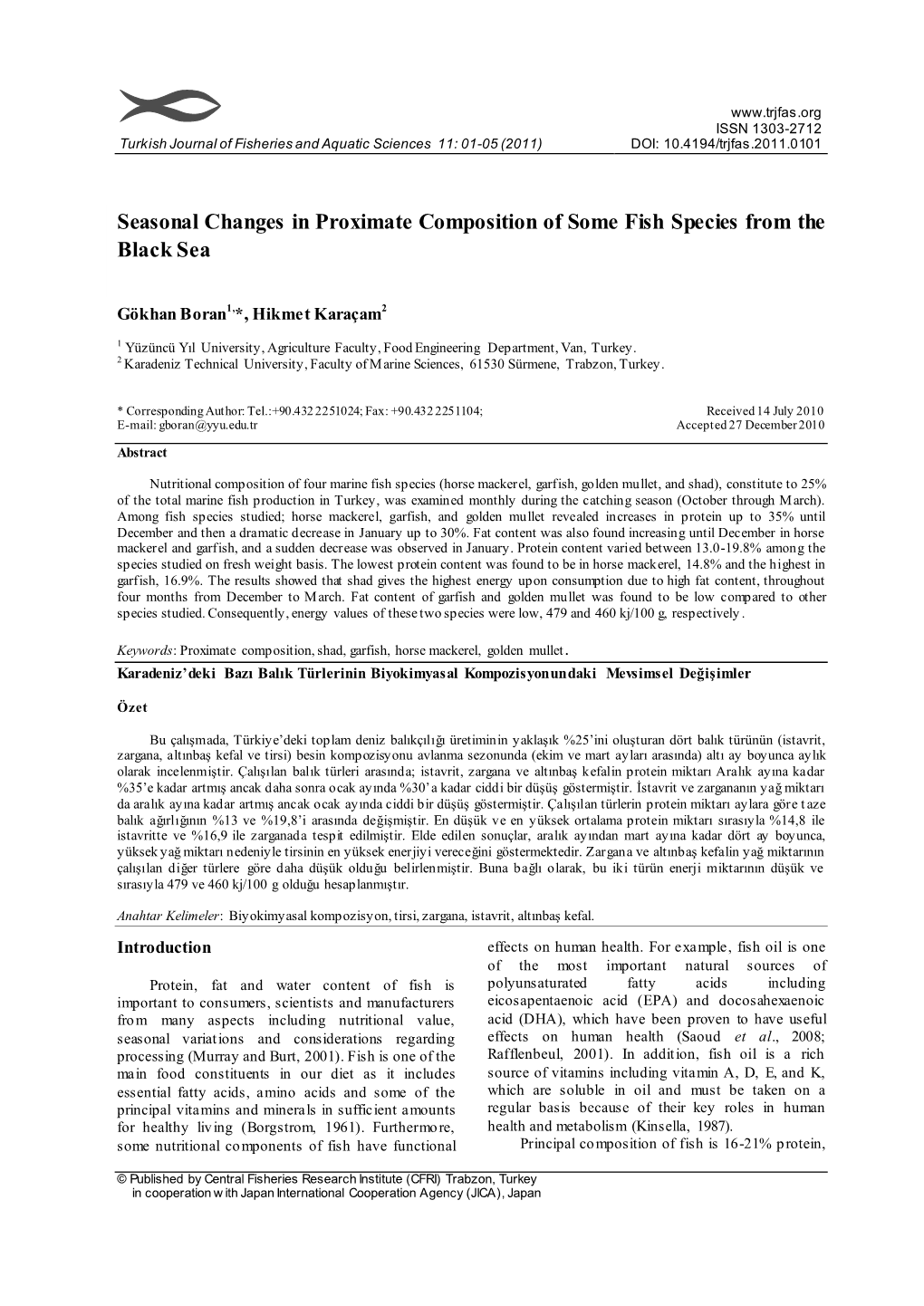 Seasonal Changes in Proximate Composition of Some Fish Species from The