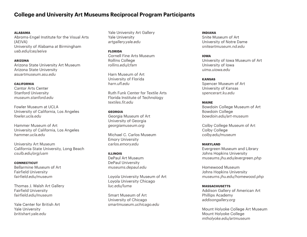 College and University Art Museums Reciprocal Program Participants