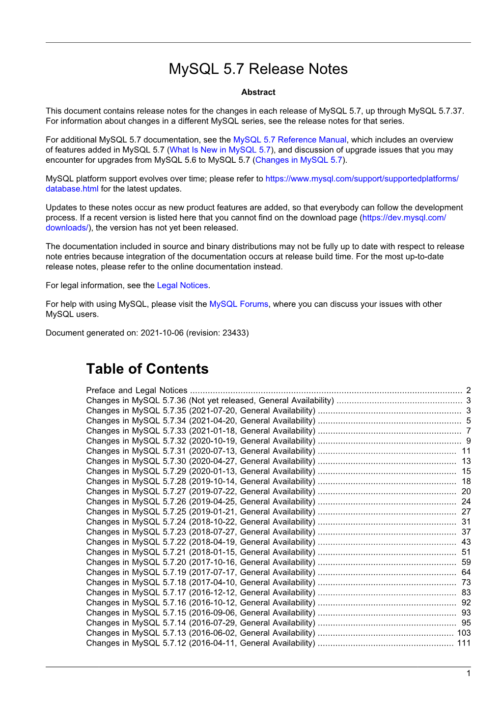 Mysql 5.7 Release Notes