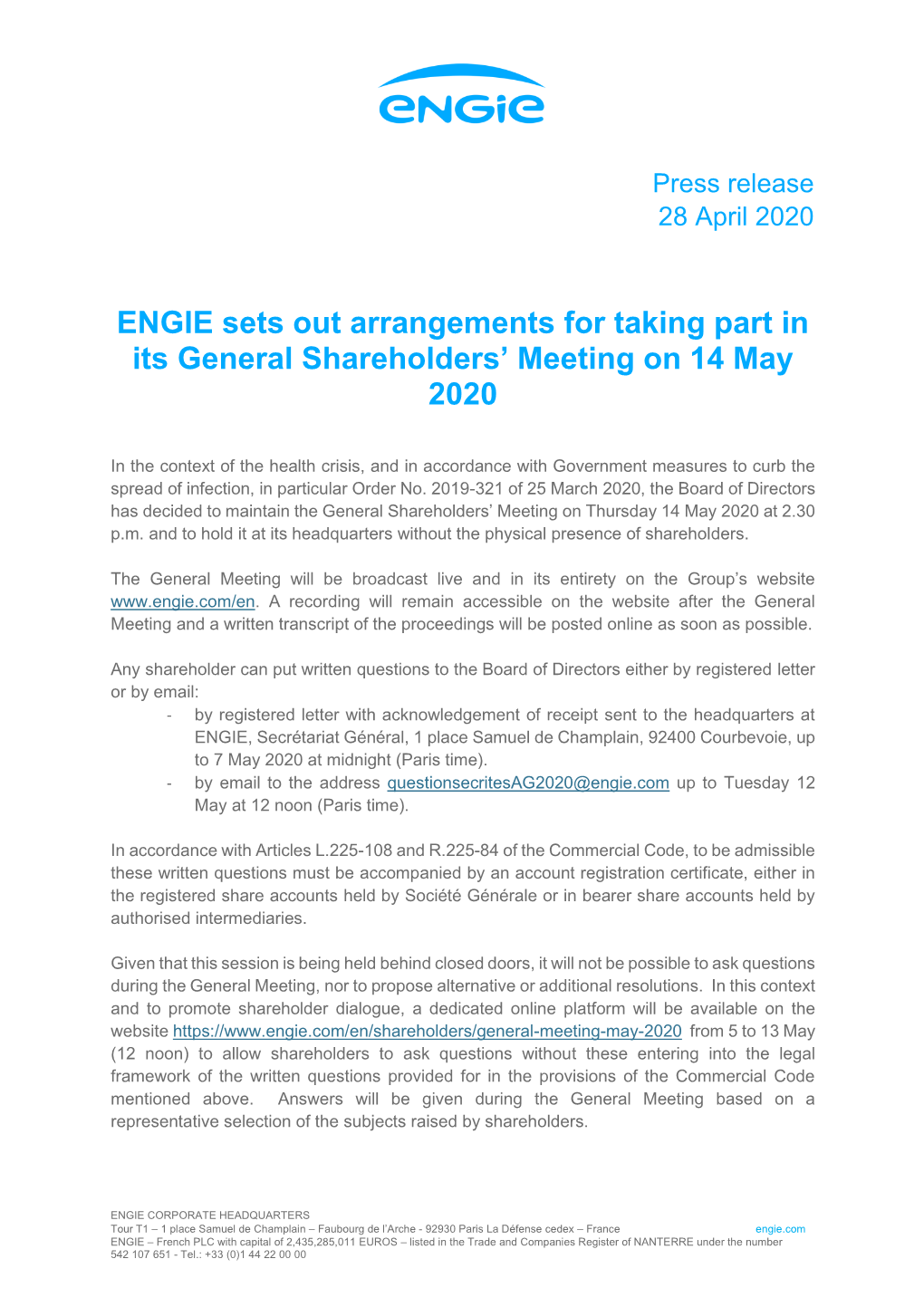 ENGIE Sets out Arrangements for Taking Part in Its General Shareholders’ Meeting on 14 May 2020