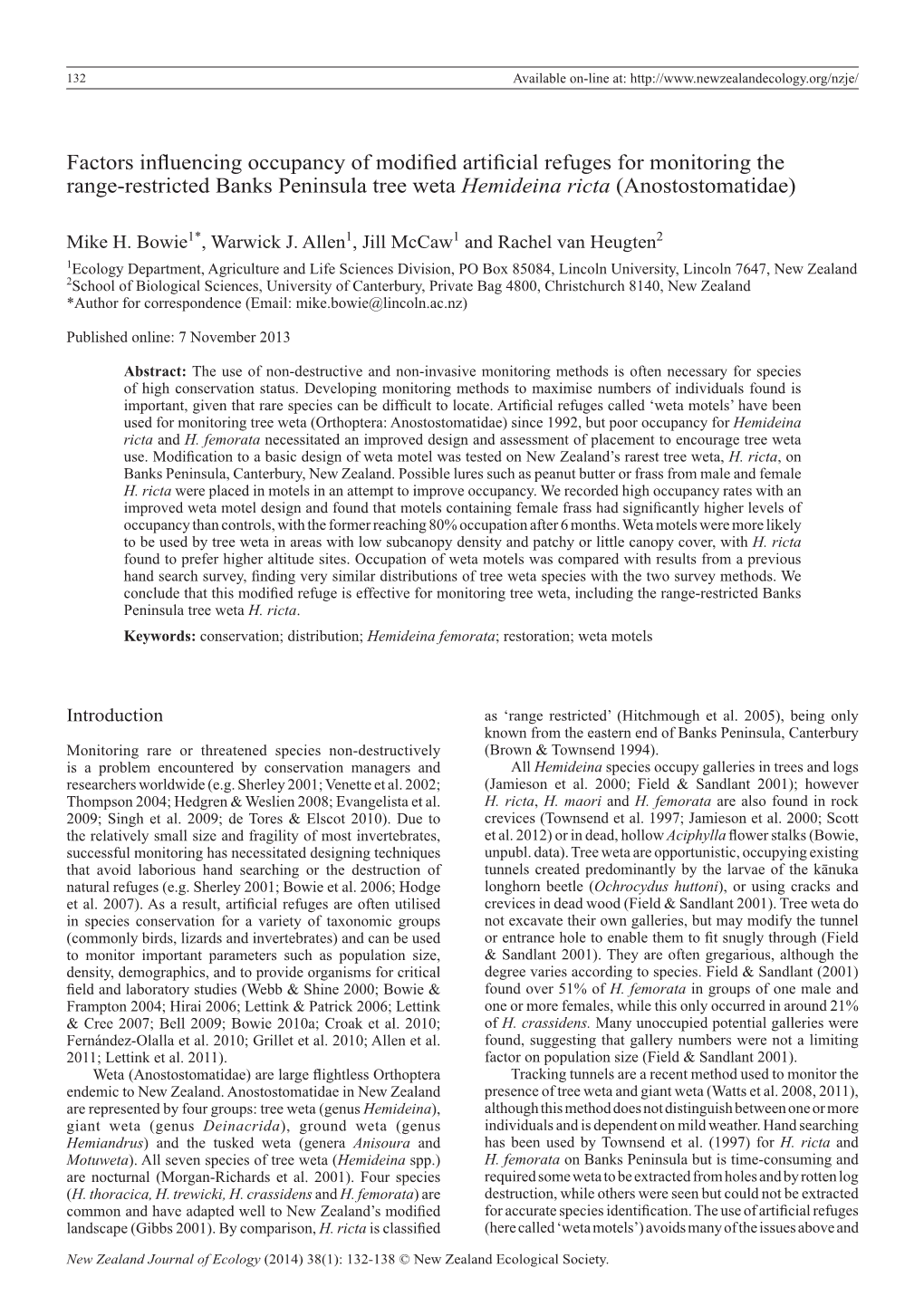 Factors Influencing Occupancy of Modified Artificial Refuges for Monitoring the Range-Restricted Banks Peninsula Tree Weta Hemideina Ricta (Anostostomatidae)