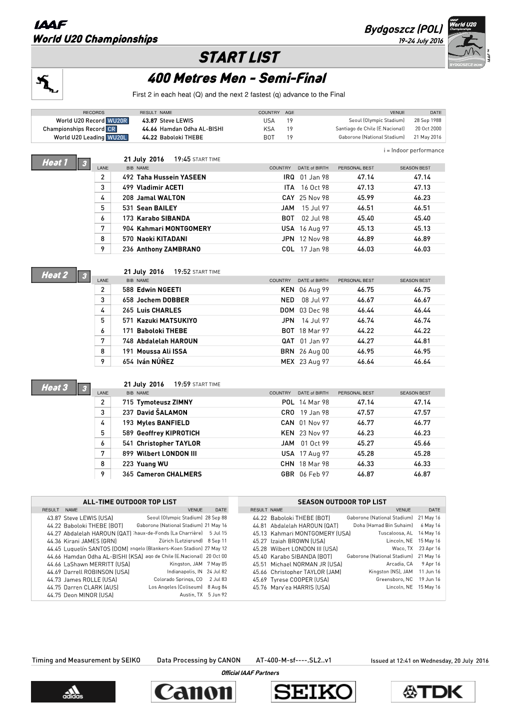 START LIST 400 Metres Men - Semi-Final First 2 in Each Heat (Q) and the Next 2 Fastest (Q) Advance to the Final