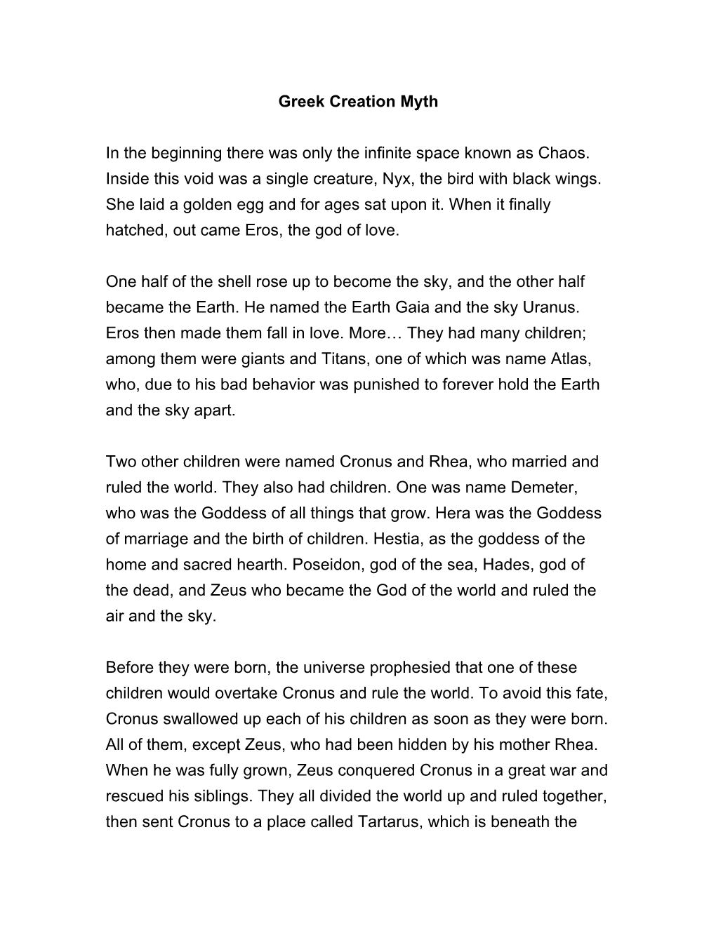 Greek Creation Myth in the Beginning There Was Only the Infinite Space Known As Chaos. Inside This Void Was a Single Creature, N