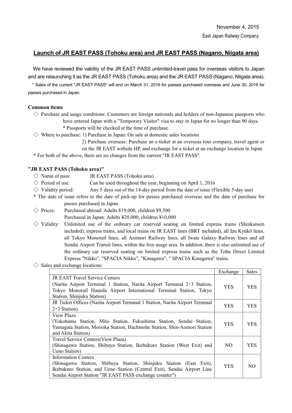 Tohoku Area) and JR EAST PASS (Nagano, Niigata Area