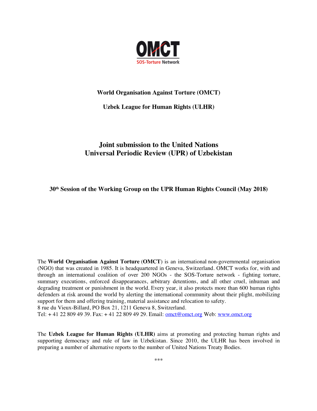 OMCT ULHR Submission to UPR of Uzbekistan
